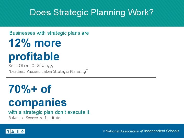 Does Strategic Planning Work? Businesses with strategic plans are 12% more profitable Erica Olson,