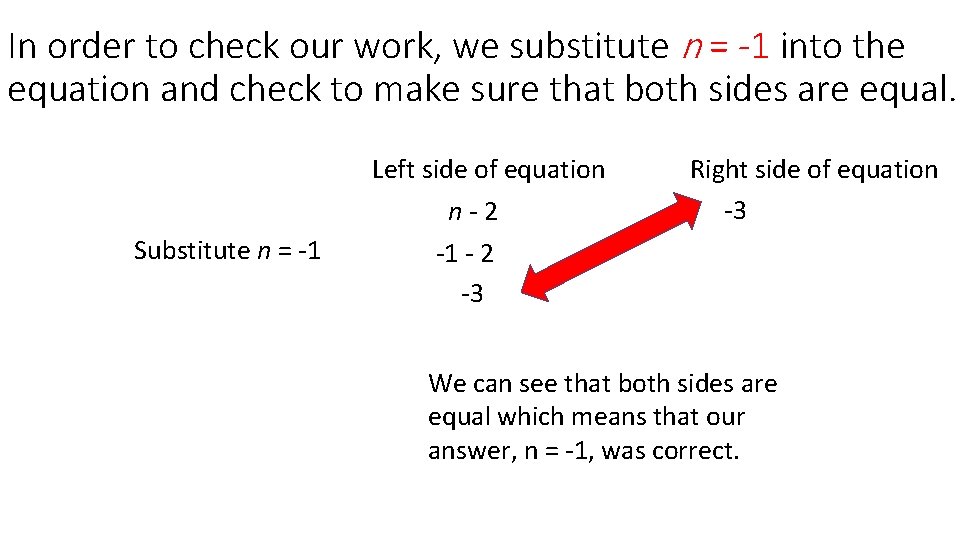 In order to check our work, we substitute n = -1 into the equation