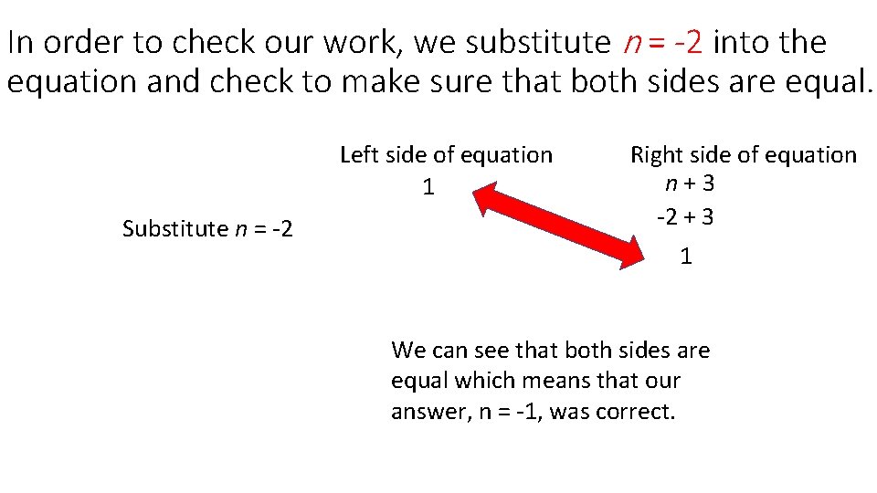 In order to check our work, we substitute n = -2 into the equation