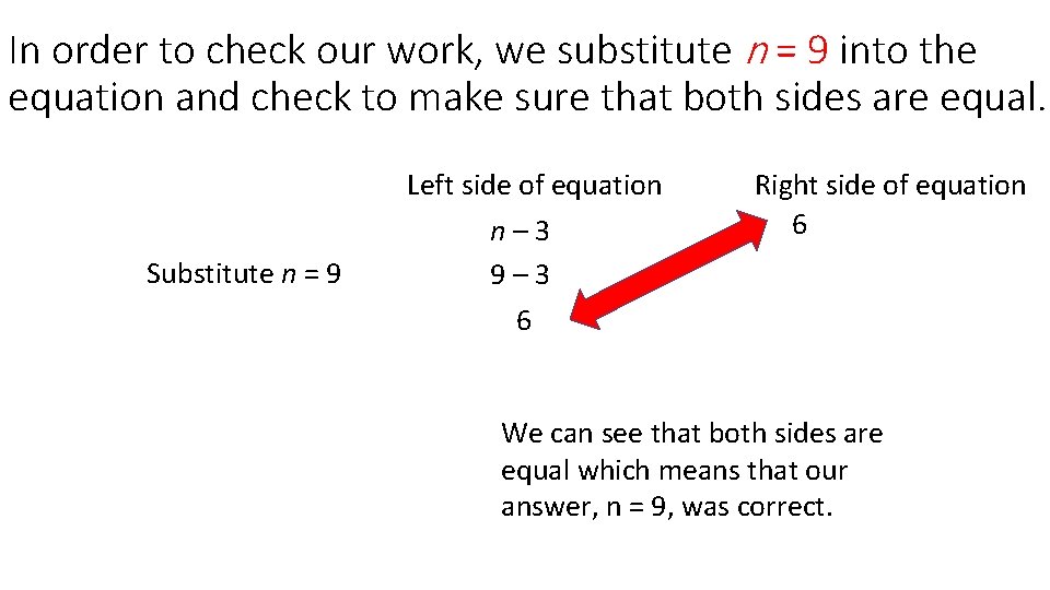 In order to check our work, we substitute n = 9 into the equation