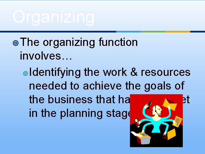 Organizing ¥ The organizing function involves… ¥Identifying the work & resources needed to achieve
