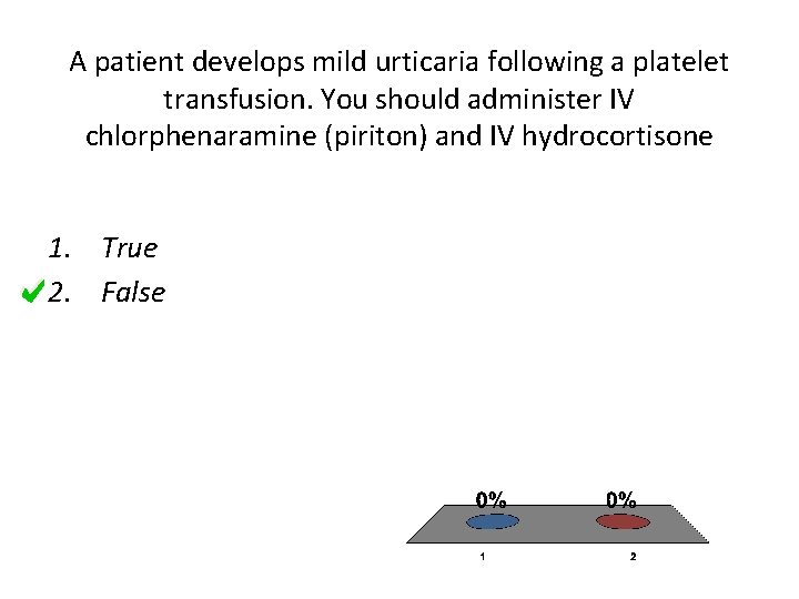 A patient develops mild urticaria following a platelet transfusion. You should administer IV chlorphenaramine