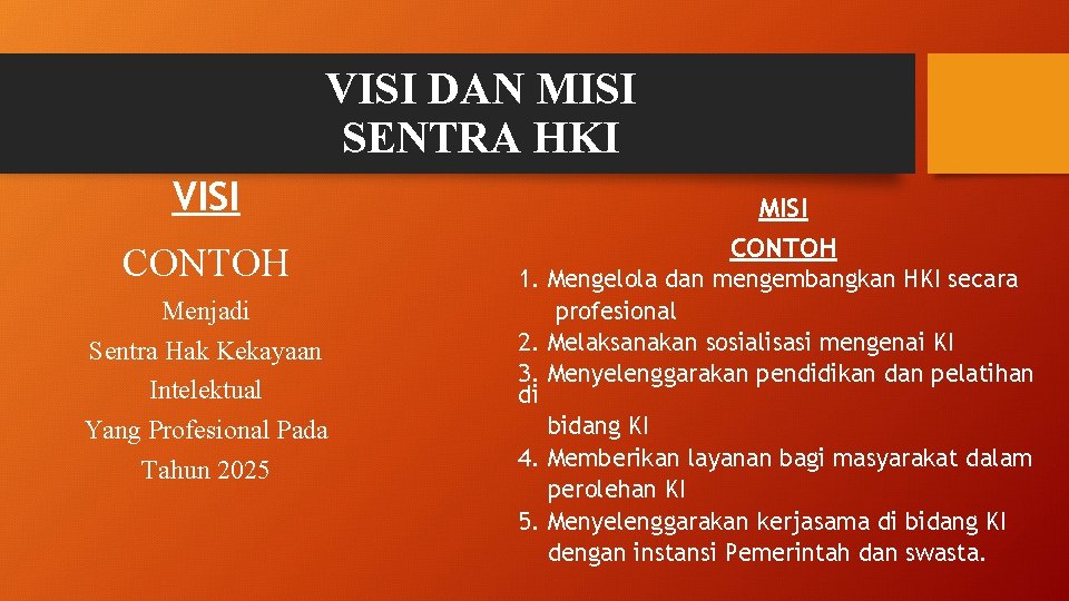 VISI DAN MISI SENTRA HKI VISI CONTOH Menjadi Sentra Hak Kekayaan Intelektual Yang Profesional