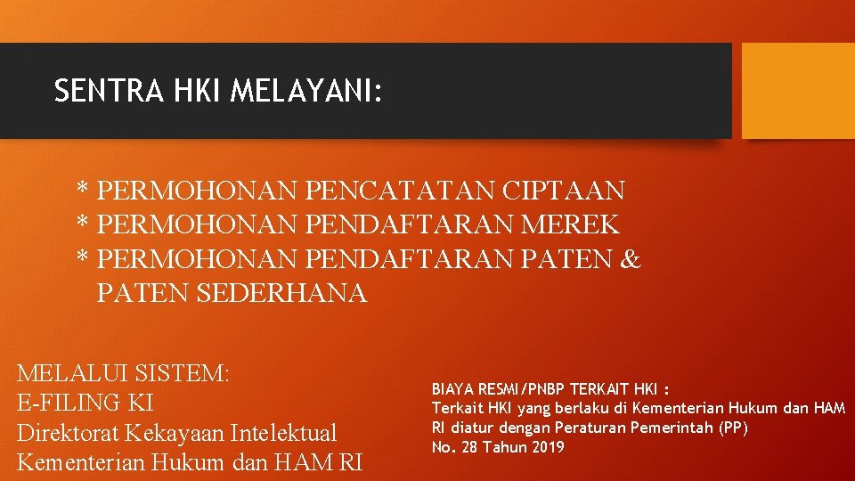 SENTRA HKI MELAYANI: * PERMOHONAN PENCATATAN CIPTAAN * PERMOHONAN PENDAFTARAN MEREK * PERMOHONAN PENDAFTARAN