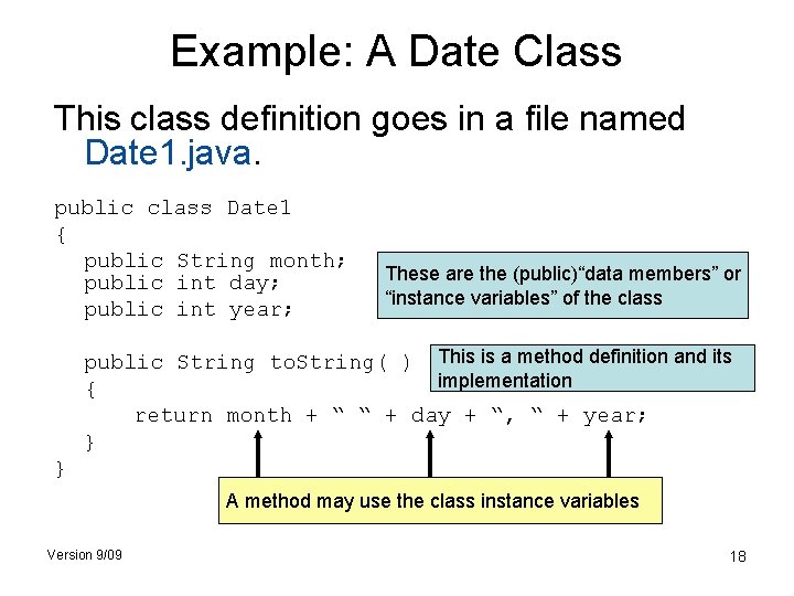 Example: A Date Class This class definition goes in a file named Date 1.