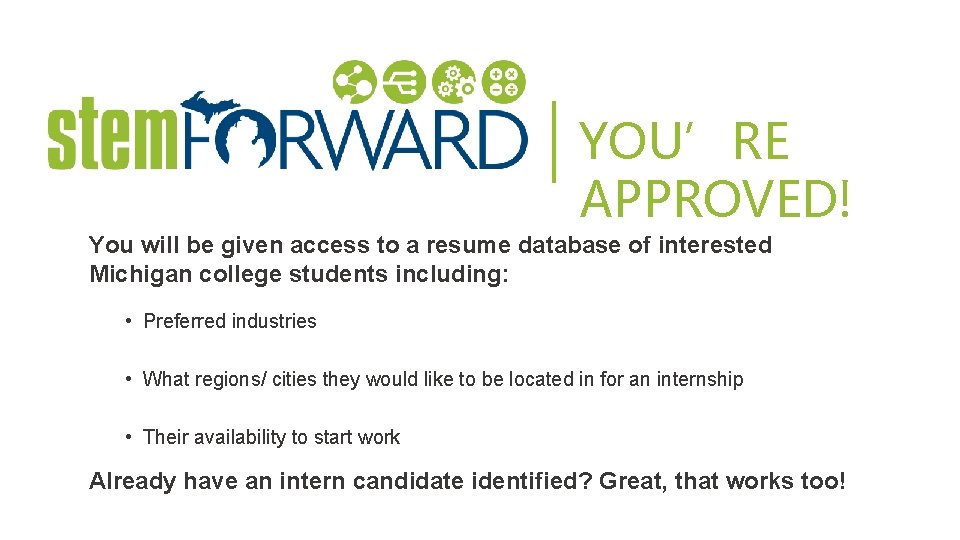 YOU’RE APPROVED! You will be given access to a resume database of interested Michigan