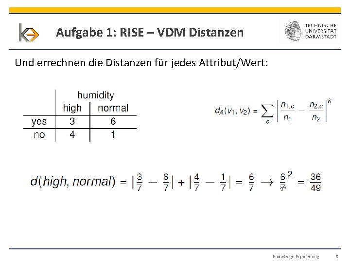 Aufgabe 1: RISE – VDM Distanzen Und errechnen die Distanzen für jedes Attribut/Wert: Knowledge