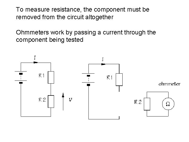 To measure resistance, the component must be removed from the circuit altogether Ohmmeters work