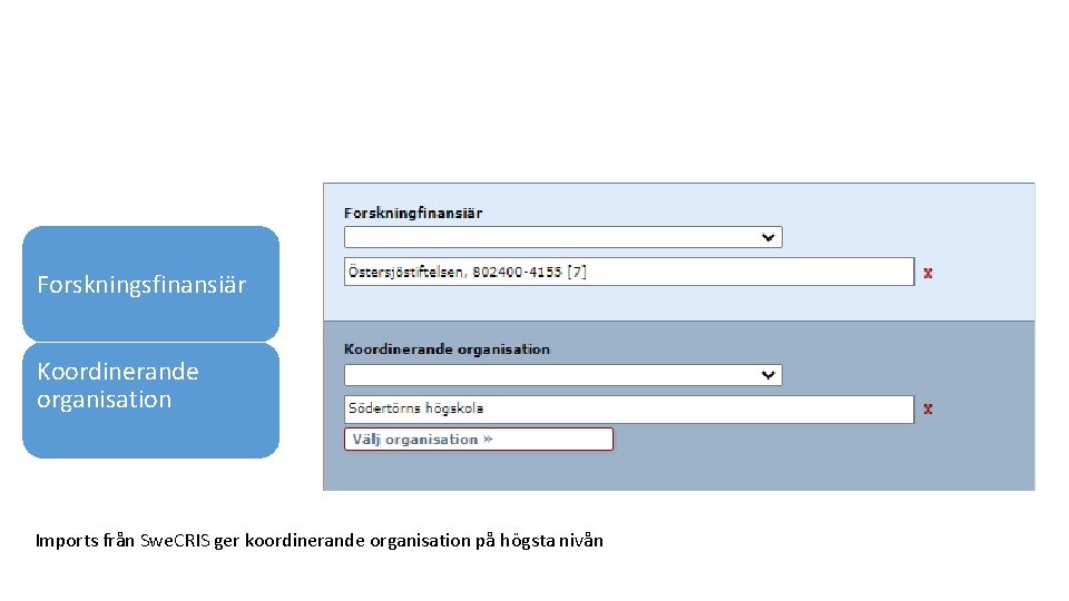 Forskningsfinansiär Koordinerande organisation Imports från Swe. CRIS ger koordinerande organisation på högsta nivån 