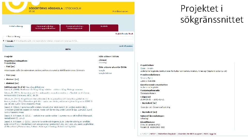 Projektet i sökgränssnittet 