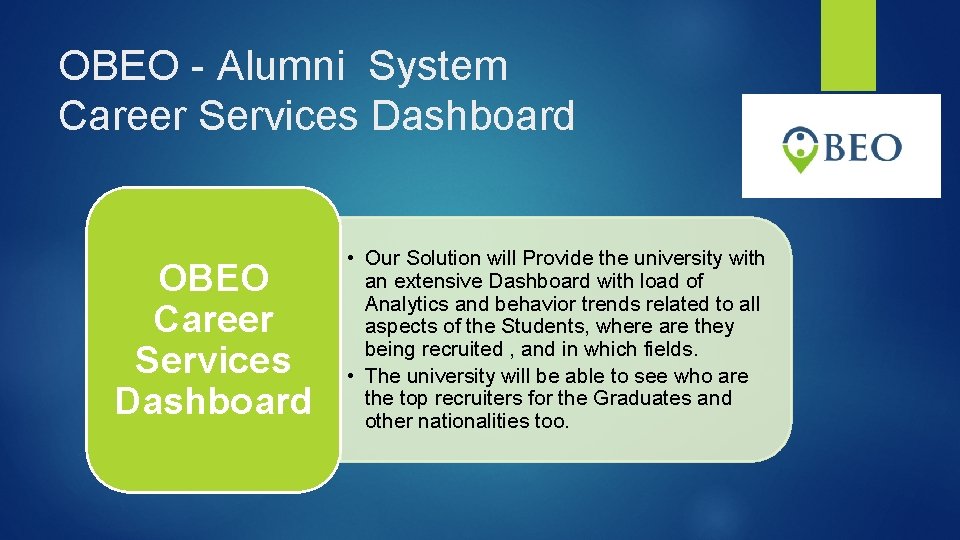 OBEO - Alumni System Career Services Dashboard OBEO Career Services Dashboard • Our Solution