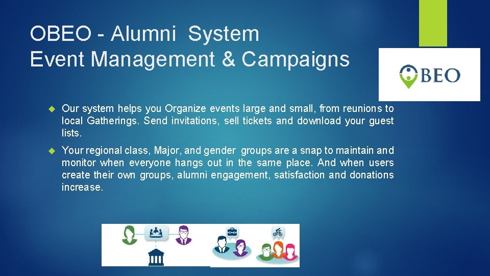 OBEO - Alumni System Event Management & Campaigns Our system helps you Organize events