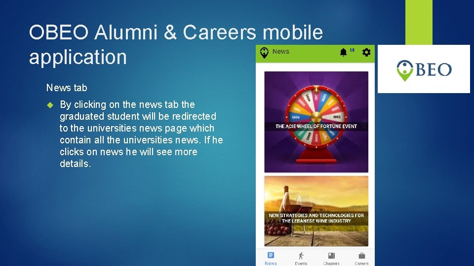 OBEO Alumni & Careers mobile application News tab By clicking on the news tab