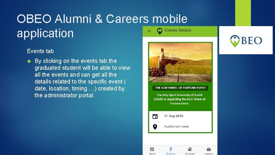 OBEO Alumni & Careers mobile application Events tab By clicking on the events tab