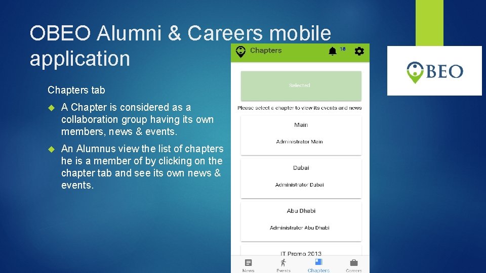 OBEO Alumni & Careers mobile application Chapters tab A Chapter is considered as a