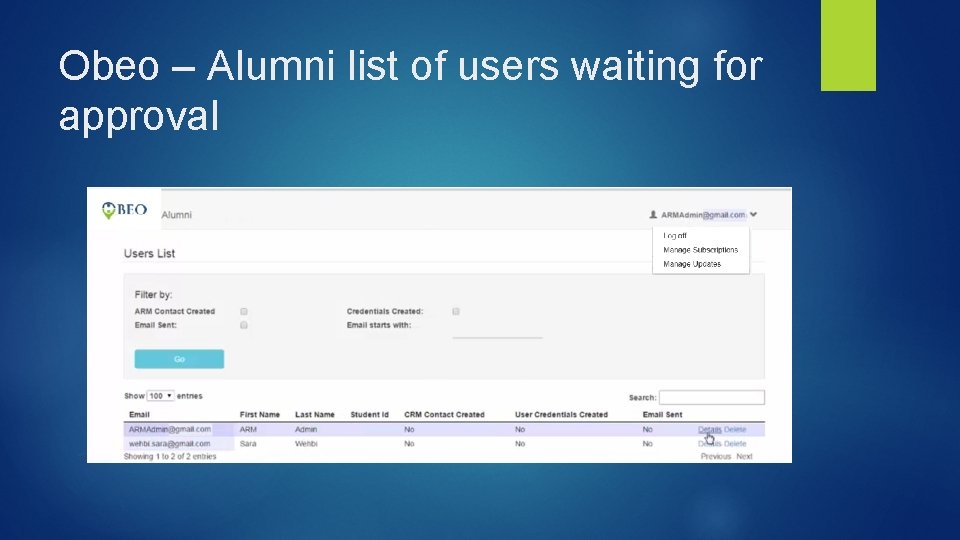 Obeo – Alumni list of users waiting for approval 