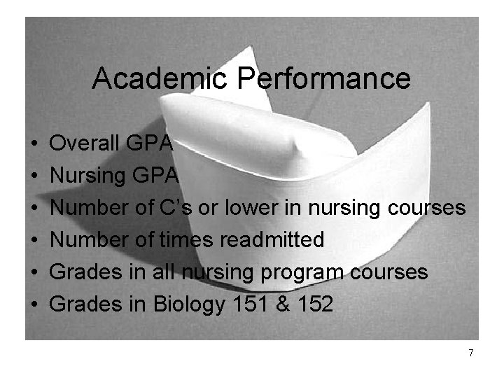 Academic Performance • • • Overall GPA Nursing GPA Number of C’s or lower