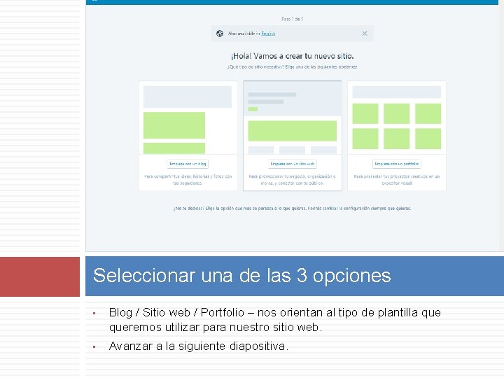Seleccionar una de las 3 opciones • • Blog / Sitio web / Portfolio