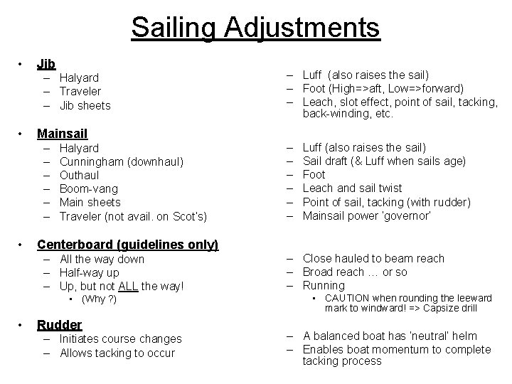 Sailing Adjustments • Jib – Halyard – Traveler – Jib sheets • Mainsail –