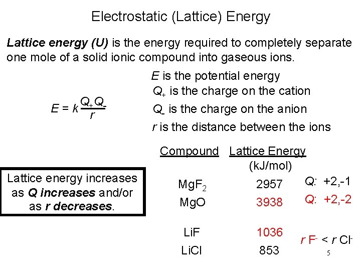 Electrostatic (Lattice) Energy Lattice energy (U) is the energy required to completely separate one