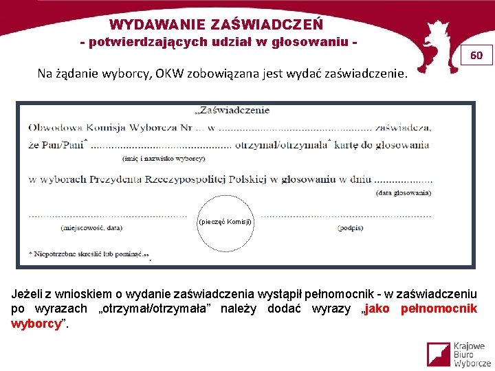 WYDAWANIE ZAŚWIADCZEŃ - potwierdzających udział w głosowaniu - 60 Na żądanie wyborcy, OKW zobowiązana