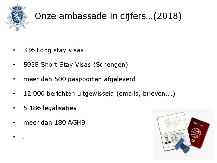 Onze ambassade in cijfers…(2018) • 336 Long stay visas • 5938 Short Stay Visas