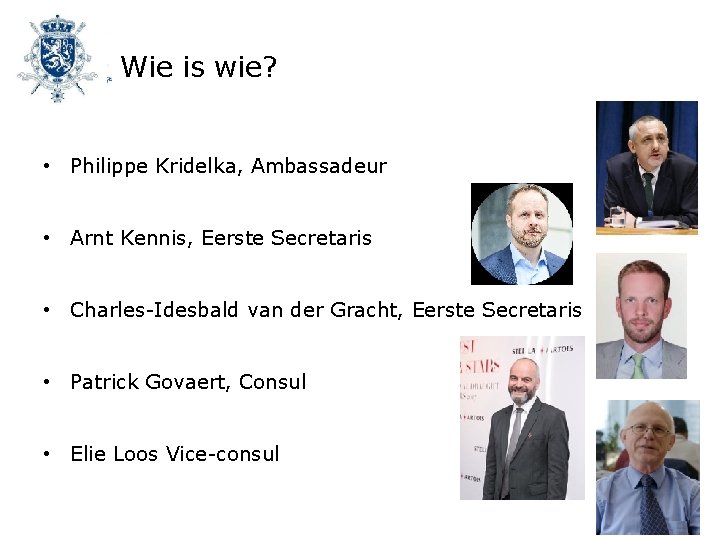 Wie is wie? • Philippe Kridelka, Ambassadeur • Arnt Kennis, Eerste Secretaris • Charles-Idesbald