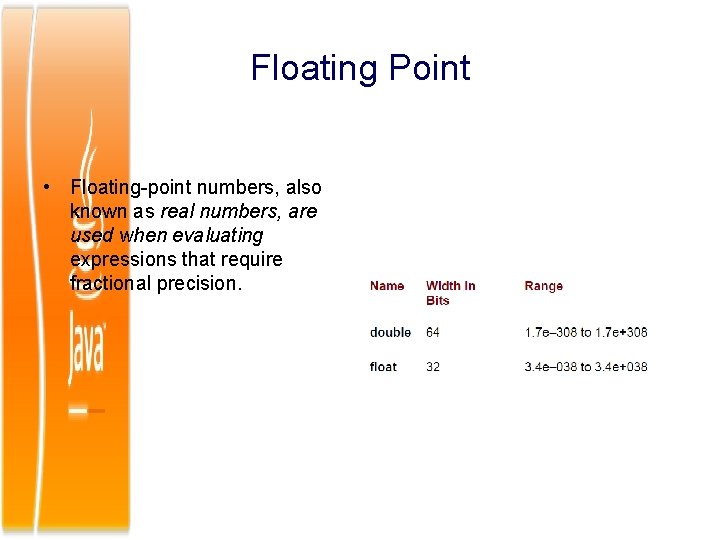 Floating Point • Floating-point numbers, also known as real numbers, are used when evaluating
