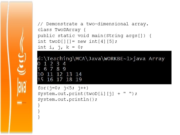 // Demonstrate a two-dimensional array. class Two. DArray { public static void main(String args[])