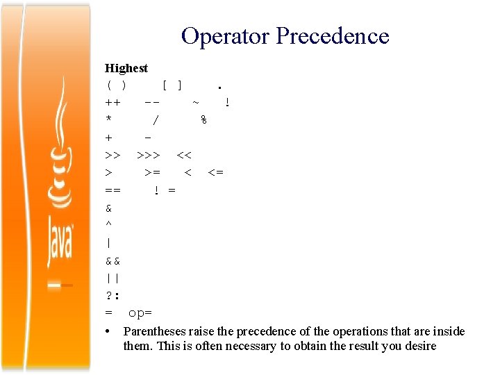 Operator Precedence Highest ( ) [ ]. ++ -~ ! * / % +
