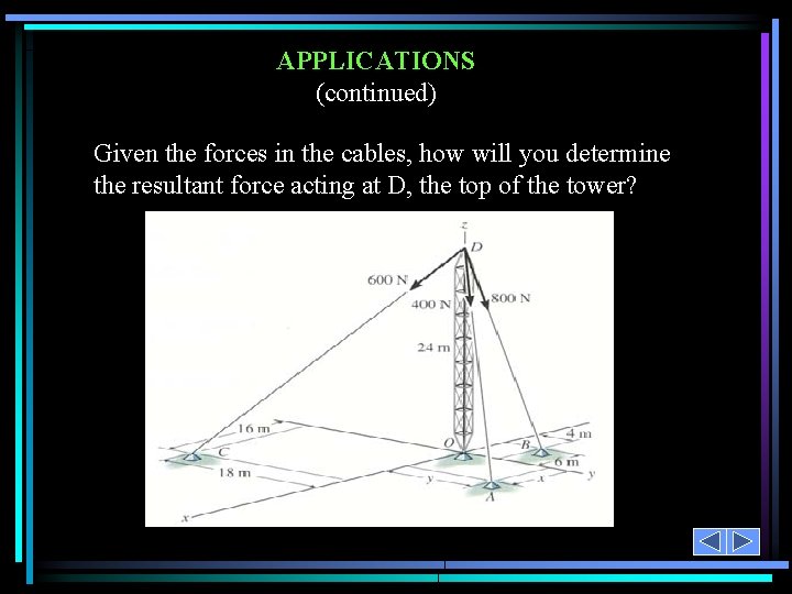 APPLICATIONS (continued) Given the forces in the cables, how will you determine the resultant