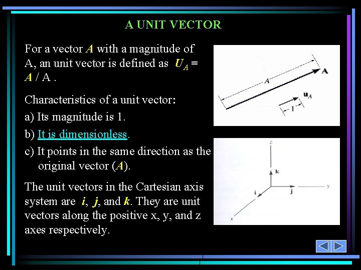 A UNIT VECTOR For a vector A with a magnitude of A, an unit