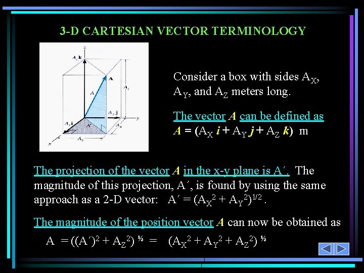 3 -D CARTESIAN VECTOR TERMINOLOGY Consider a box with sides AX, AY, and AZ