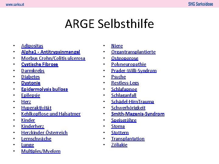 ARGE Selbsthilfe • • • • • Adipositas Alpha 1 - Antitrypsinmangel Morbus Crohn/Colitis