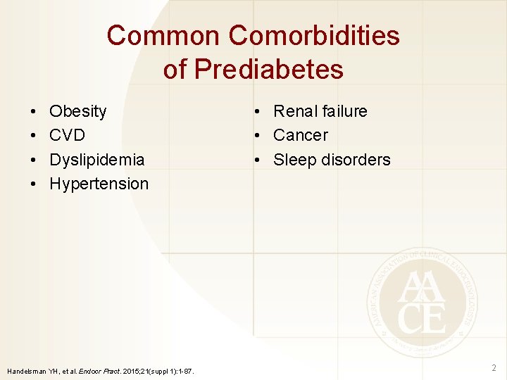 Common Comorbidities of Prediabetes • • Obesity CVD Dyslipidemia Hypertension Handelsman YH, et al.