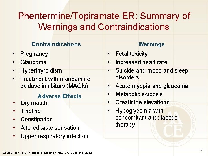 Phentermine/Topiramate ER: Summary of Warnings and Contraindications • • • Pregnancy Glaucoma Hyperthyroidism Treatment