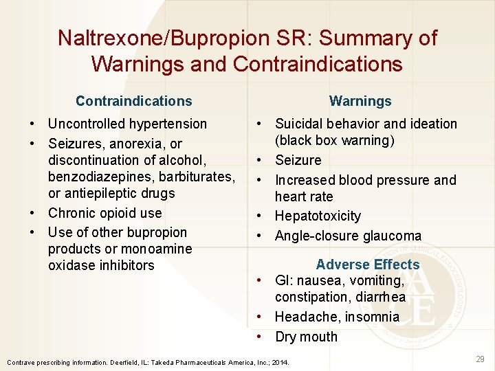 Naltrexone/Bupropion SR: Summary of Warnings and Contraindications Warnings • Uncontrolled hypertension • Seizures, anorexia,