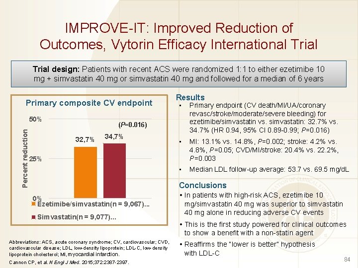 IMPROVE-IT: Improved Reduction of Outcomes, Vytorin Efficacy International Trial design: Patients with recent ACS