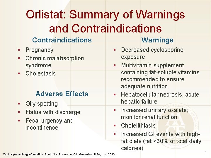 Orlistat: Summary of Warnings and Contraindications § Pregnancy § Chronic malabsorption syndrome § Cholestasis