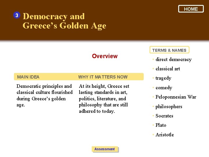 3 HOME Democracy and Greece’s Golden Age TERMS & NAMES Overview • direct democracy