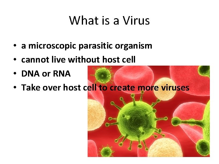 What is a Virus • • a microscopic parasitic organism cannot live without host