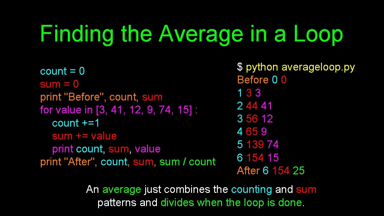 Finding the Average in a Loop count = 0 sum = 0 print "Before",