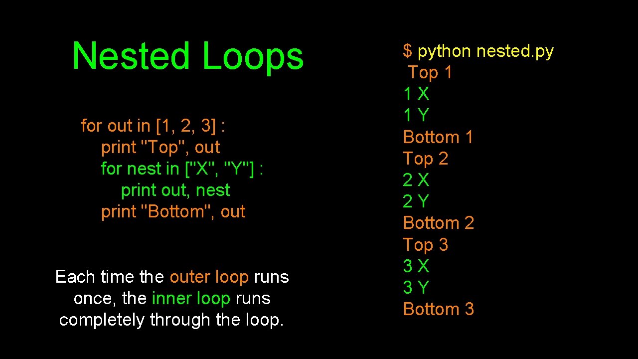 Nested Loops for out in [1, 2, 3] : print "Top", out for nest