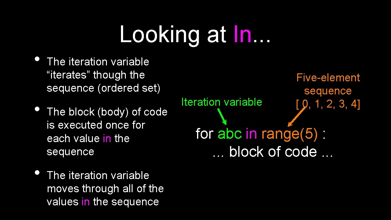 Looking at In. . . • • • The iteration variable “iterates” though the