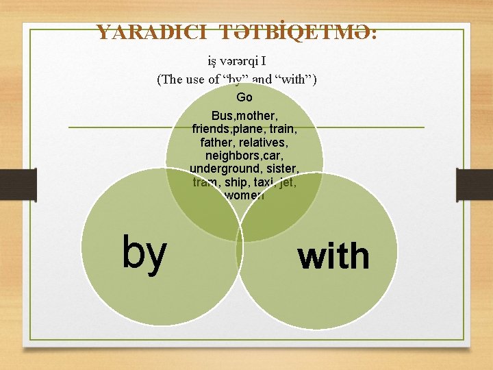 YARADICI TƏTBİQETMƏ: iş vərərqi I (The use of “by” and “with”) Go Bus, mother,