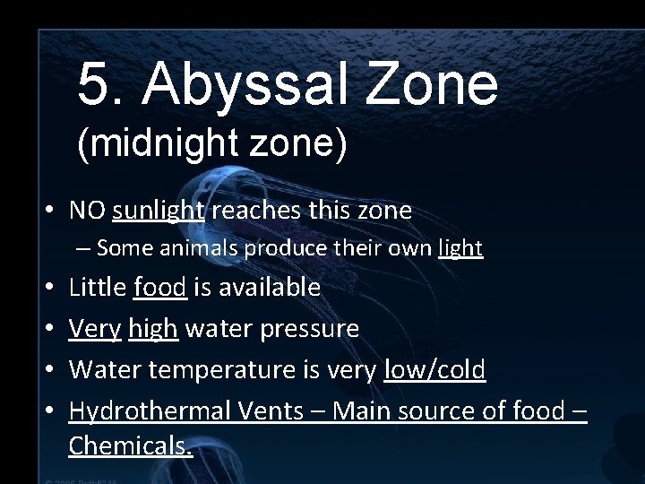5. Abyssal Zone (midnight zone) 5. Abyssal Zone • NO sunlight reaches this zone