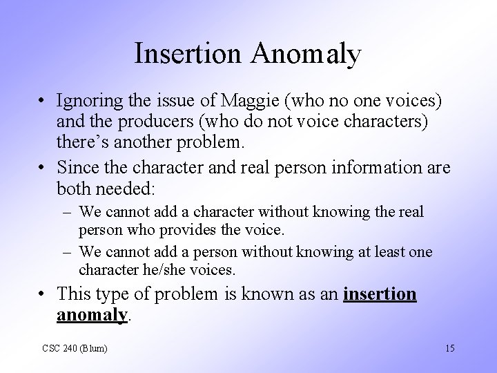 Insertion Anomaly • Ignoring the issue of Maggie (who no one voices) and the