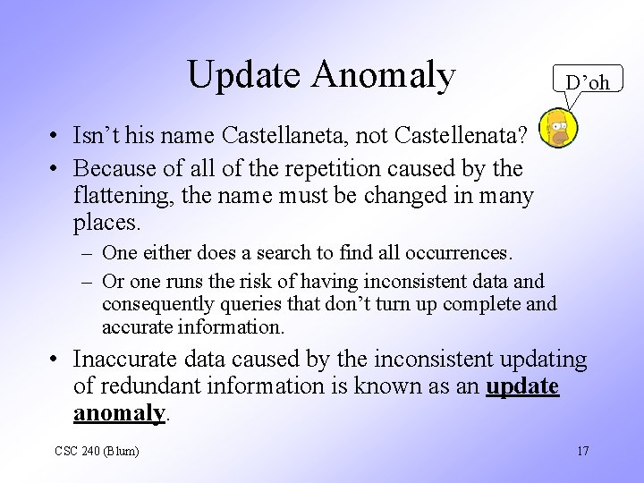 Update Anomaly D’oh • Isn’t his name Castellaneta, not Castellenata? • Because of all