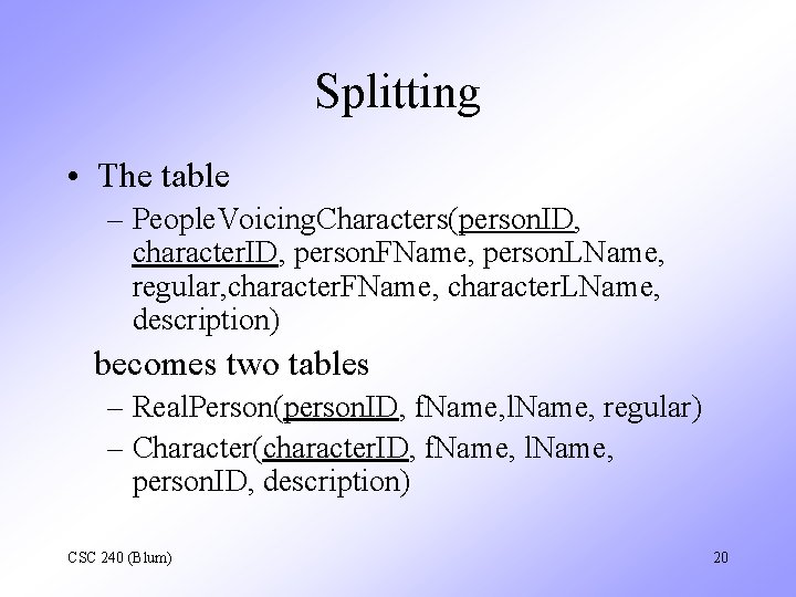 Splitting • The table – People. Voicing. Characters(person. ID, character. ID, person. FName, person.