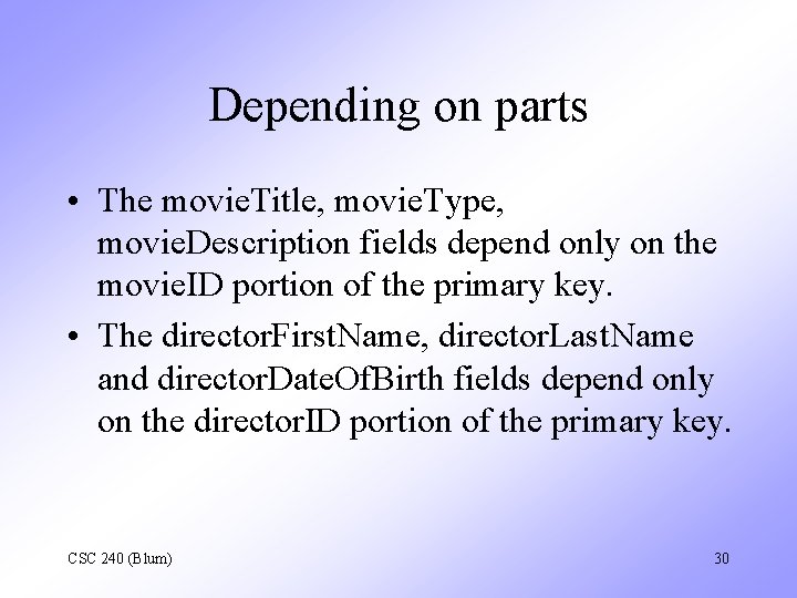 Depending on parts • The movie. Title, movie. Type, movie. Description fields depend only